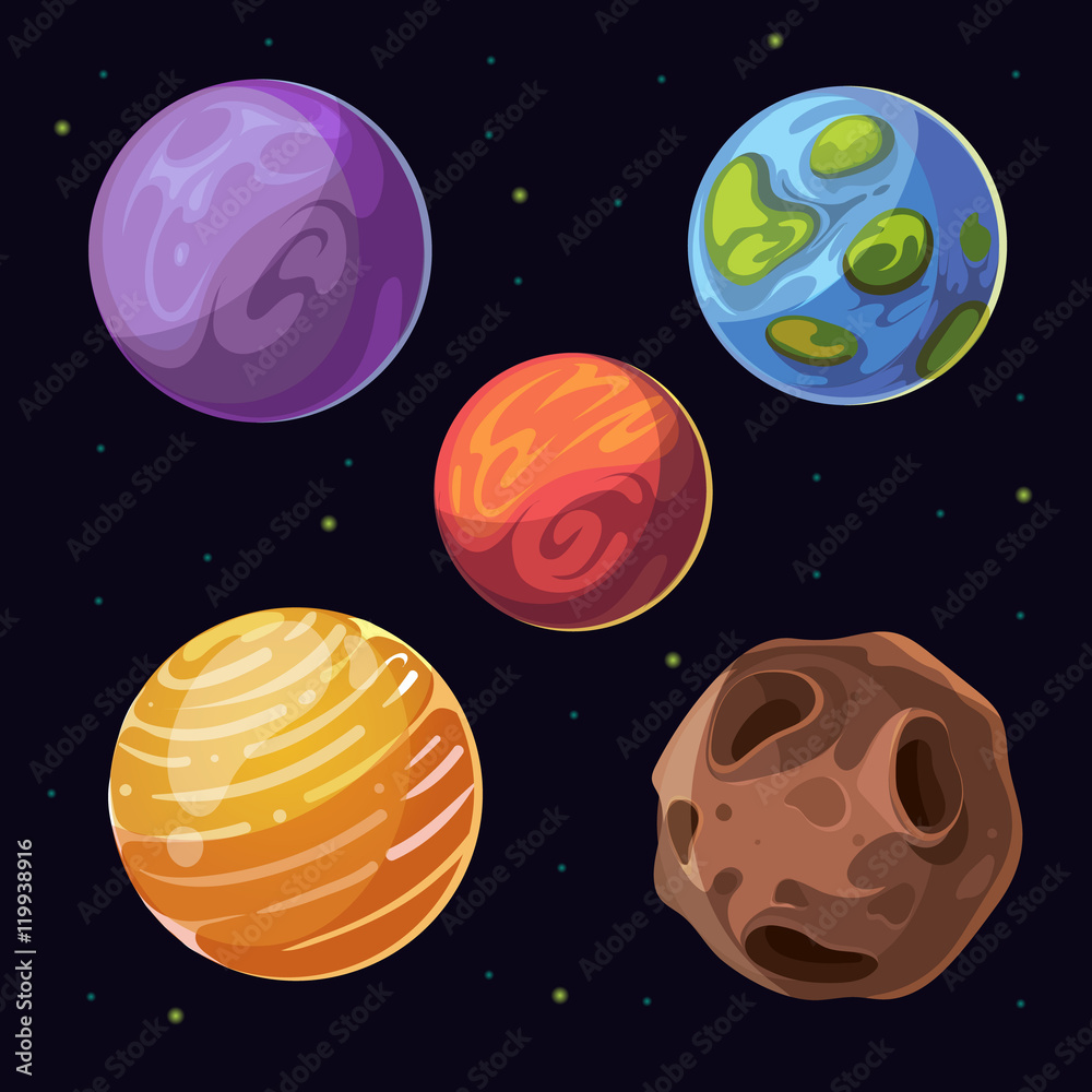 Cartoon alien planets, moons asteroid on space background Cartoon alien planets, moons asteroid on space background