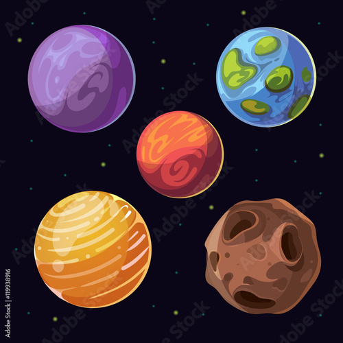 Cartoon alien planets, moons asteroid on space background