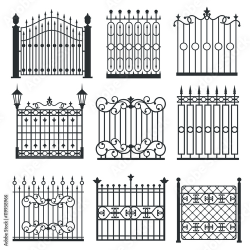 Metal iron gates, grilles, fences vector set