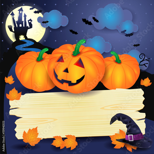 Halloween background with pumpkins and wooden sign