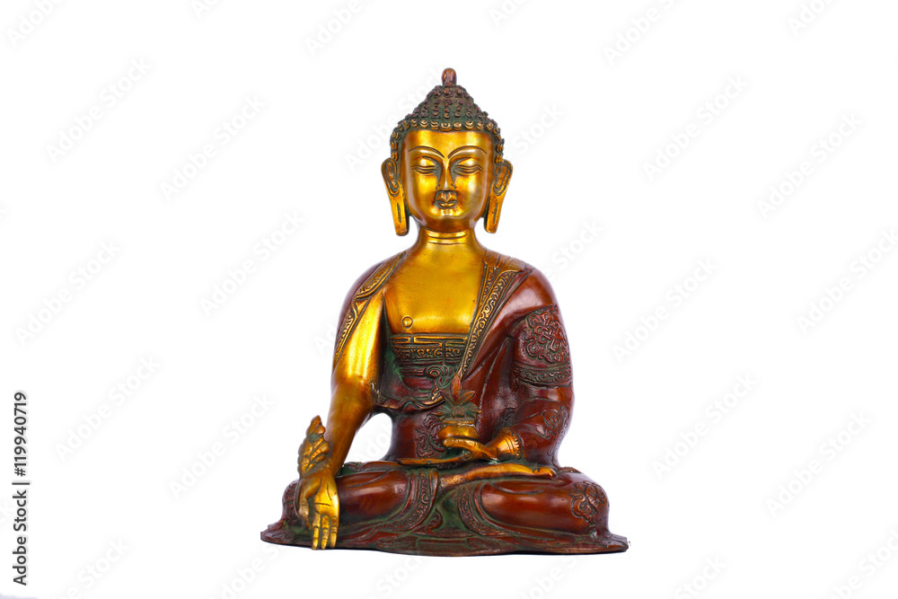 copper statue of a seated Buddha isolated on white background copper statue of a seated Buddha isolated on white background