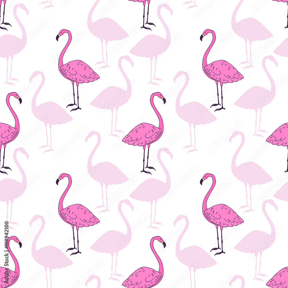 Obraz premium Pink flamingo bird vector seamless pattern design. Beautiful animal hand drawn sketch repeatable background