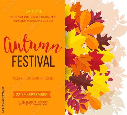 Autumn festival background. Invitation banner with fall leaves. Vector illustration