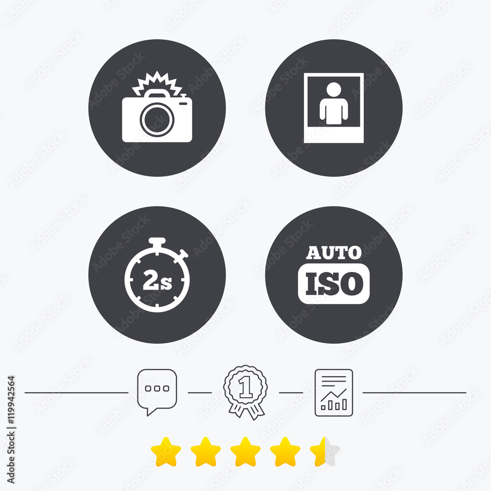 Photo camera icon. Flash light and Auto ISO. Photo camera icon. Flash light and Auto ISO.