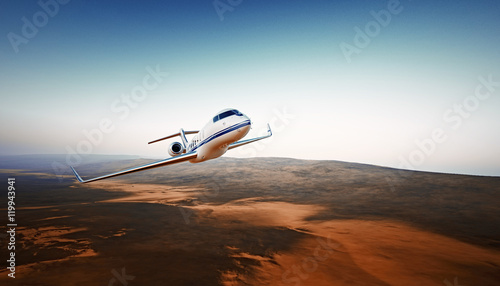 Fototapeta Naklejka Na Ścianę i Meble -  Realistic Photo White Luxury Generic Design Airplane.Private Jet Cruising High Altitude, Flying Over Mountains.Empty Blue Sky with Sun Background. Business Travel Concept. Horizontal. 3D rendering.