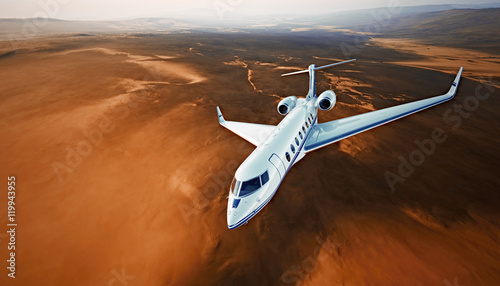 Top View Photo White Luxury Generic Design Airplane.Private Jet Cruising High Altitude, Flying Over Mountains.Empty Blue Sky with Sun Background. Business Travel Concept. Horizontal. 3D rendering.