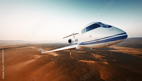 Closeup Photo Modern White Luxury Generic Design Airplane.Private Jet Cruising High Altitude  Flying Over Desert.Empty Blue Sky with Sun Background. Business Travel Concept. Horizontal. 3D rendering.