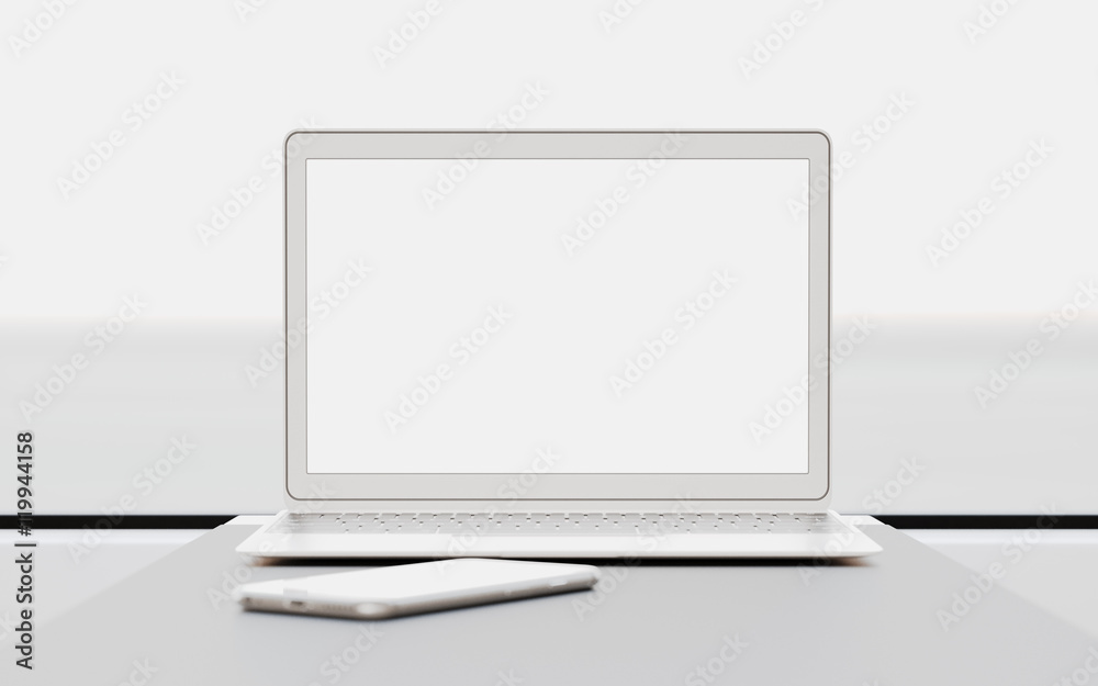 Fototapeta premium Modern Laptop Blank Screen Table Inside Interior First Class Cabin Fast Speed Train.Empty Window Generic Design Notebook Background.Clear White Display Business.Crops Mockup Front View.3d rendering.