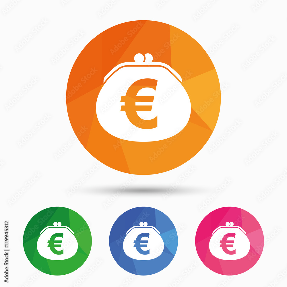 Wallet euro sign icon. Cash bag symbol.