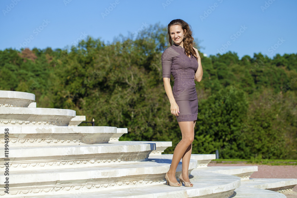 Fototapeta premium Young beautiful woman in brown dress