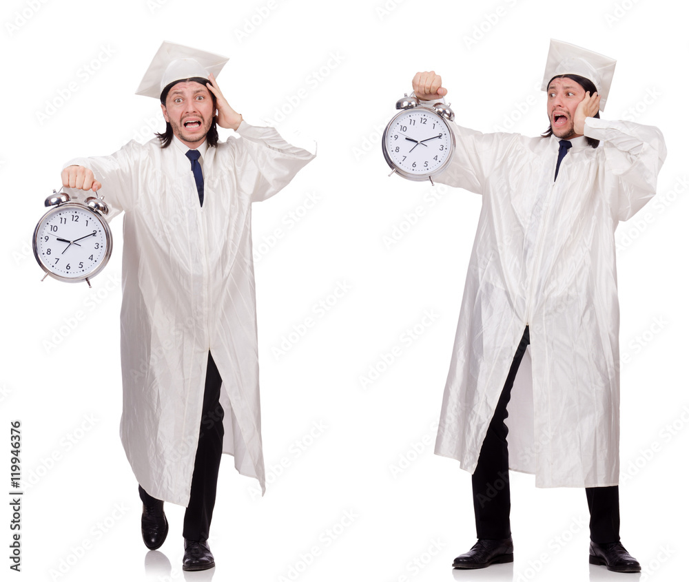 Young man student with clock isolated on white Young man student with clock isolated on white