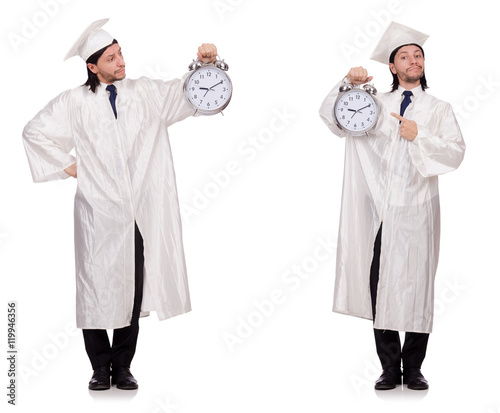 Young man student with clock isolated on white