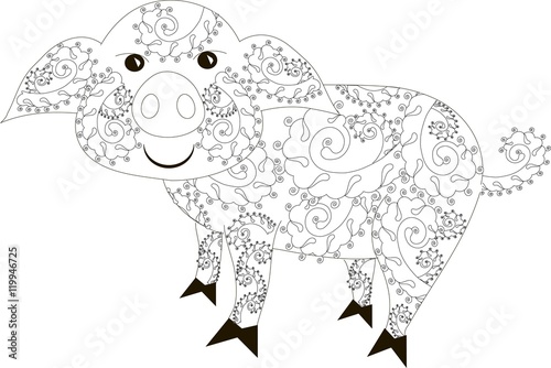 Zentangle stylized pig black and white hand drawn vector illustration