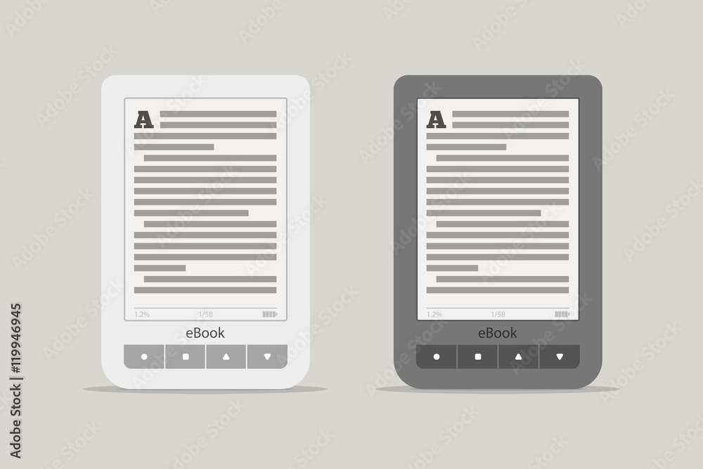 E-book reader or tablet computer mockup. Black and white mobile device set with shadow isolated on background. The portable electronic device for reading books and news. E-book reader or tablet computer mockup. Black and white mobile device set with shadow isolated on background. The portable electronic device for reading books and news.