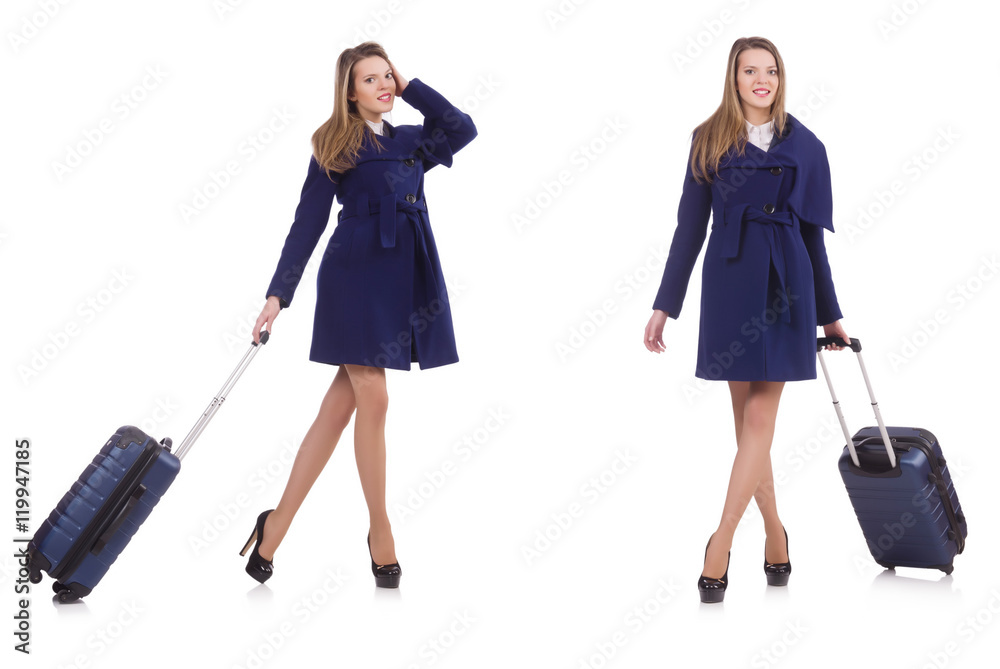 Young businesswoman with suitcase isolated on white