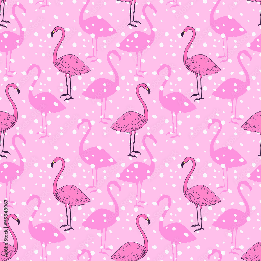 Obraz premium Pink flamingo bird vector seamless pattern design. Beautiful animal hand drawn sketch repeatable background