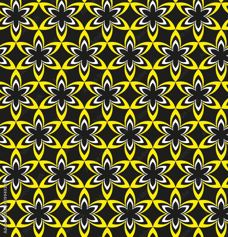 A seamless geometric pattren of yellow black and white flowers