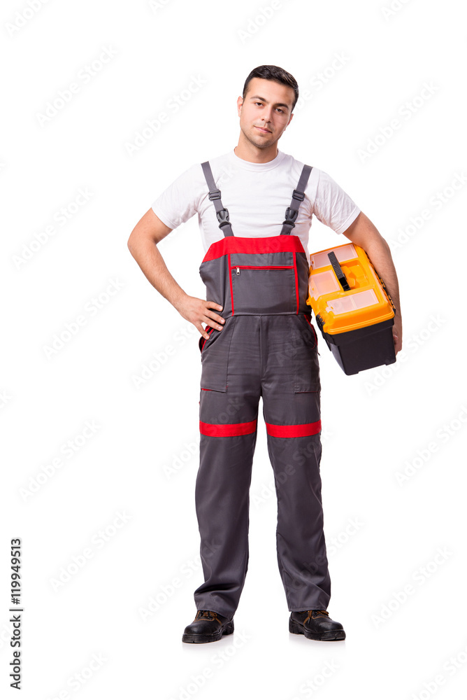 Young man with toolkit toolbox isolated on white Young man with toolkit toolbox isolated on white