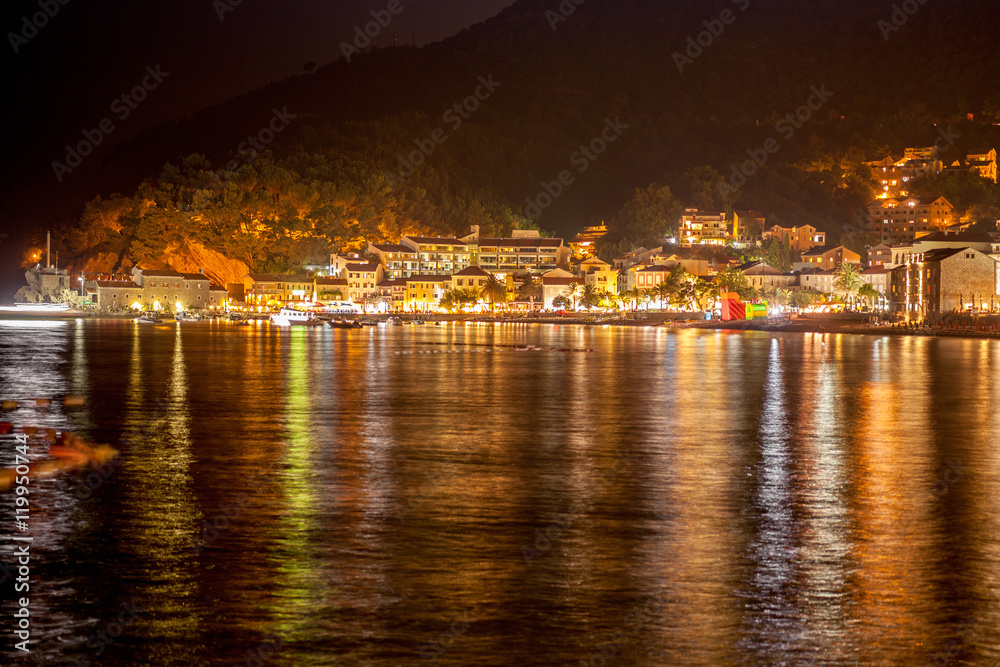 Beautiful night landscape of seaside town of Petrovac, Montenegr