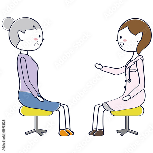 女性ドクターにアドバイスをもらうおばあちゃん　診察　シニア
