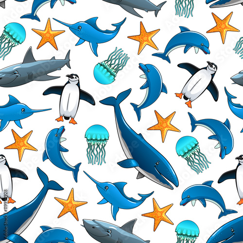 Ocean animals cartoon seamless background