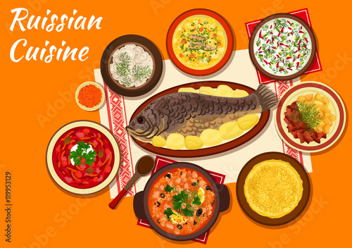 Russian cuisine dishes for dinner menu design