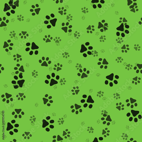 Animal paws. Random sized footprints. Seamless pattern. Vector illustration. Green