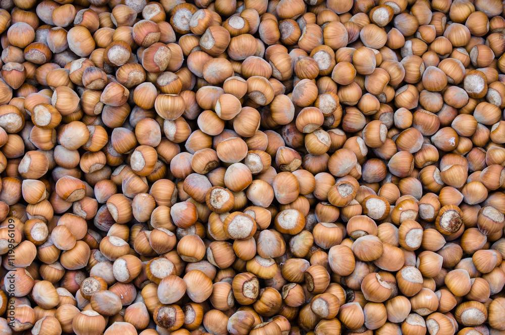 Bulk display of dry hazelnuts at the market Bulk display of dry hazelnuts at the market