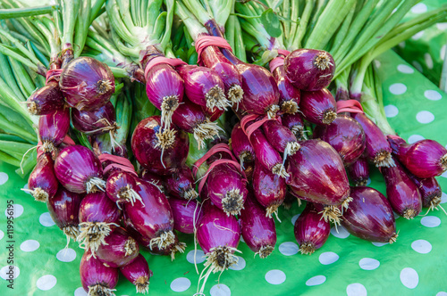 Bunches of red onions at the farmers market
