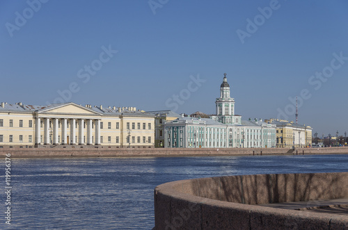 View to Neva river embankment and Kunstkamera museum, Sankt-Peterburg, Russia