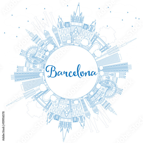 Canvas Print Outline Barcelona Skyline with Blue Buildings and Copy Space.