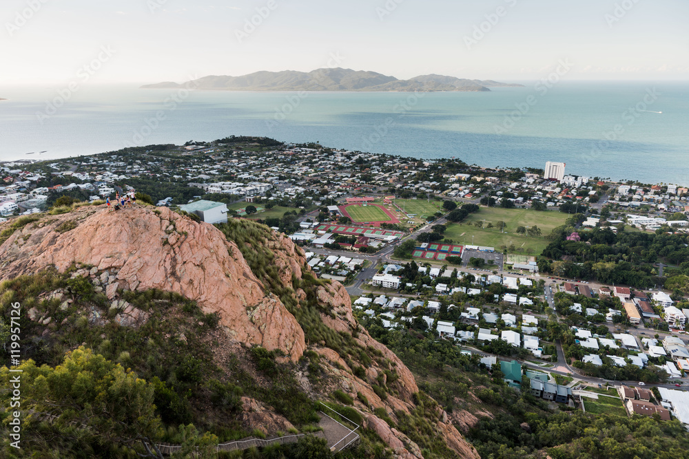 Townsville city from high viewpoint of Castle Hill with Magnetic Island in background