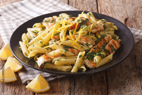 Delicious penne pasta with herbs, chicken breast and lemon peel close-up horizontal 