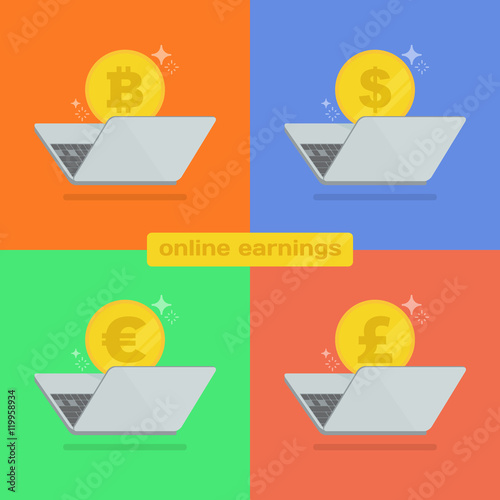 Make money online with the laptop. Earning a different currency, bitcoin, dollar, euro and pound. Colorful flat illustration.