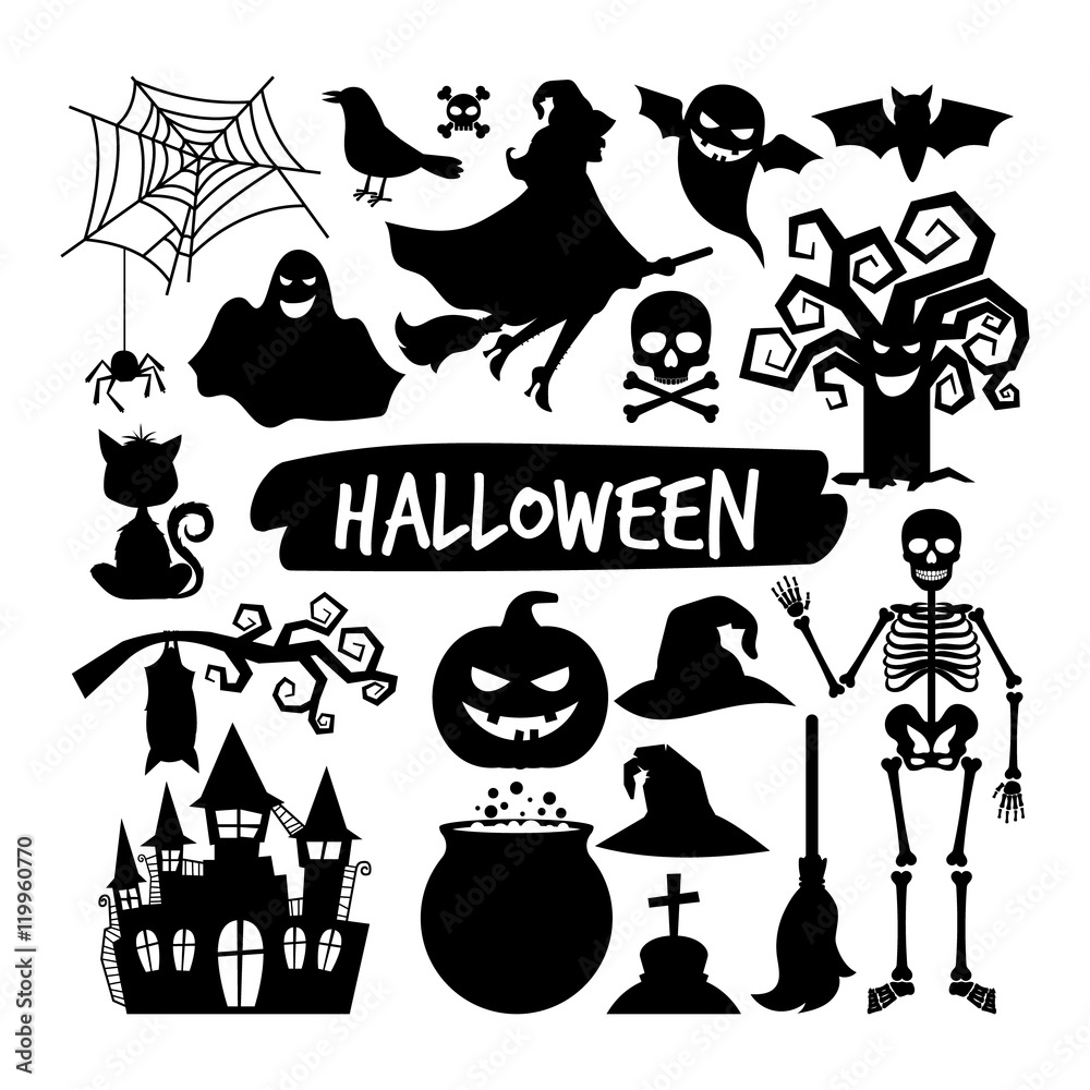 Halloween black silhouettes. Happy halloween vector night icons, bat and skeleton, owl and ghost