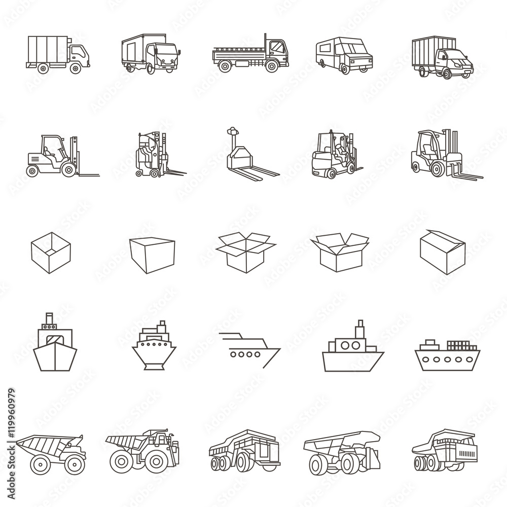 Transport icons: Cars, Ships, Trains, box, vector illustrations,