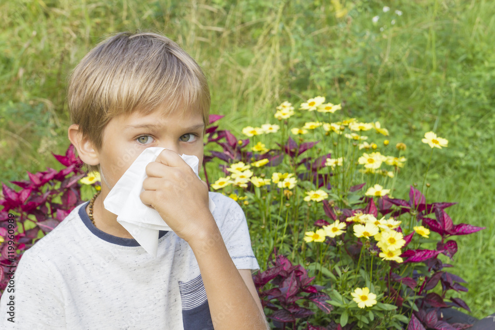 Child is blowing his nose. Flowers and green meadow behind him. Healthcare, medicine, allergy concept. Child is blowing his nose. Flowers and green meadow behind him. Healthcare, medicine, allergy concept.