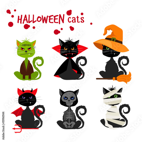 Halloween black cat fashion costume outfits. Dead cat skeleton and mummy pussy cat , zombie kitty and vampire cat vector illustration isolated on white