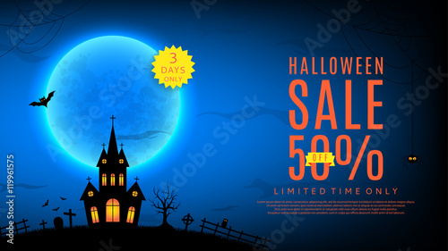 Halloween sale web banner. Vector illustration. Templates of poster with terrible house on blue background. Halloween greeting card.