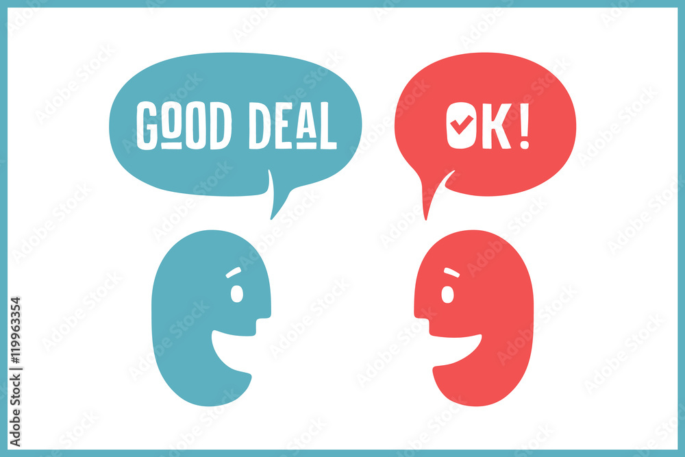 Two people with different shapes cloud talk for discount themes. Word Ok and Good Deal