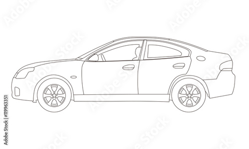 Generic four door sedan car side view, line drawing illustration