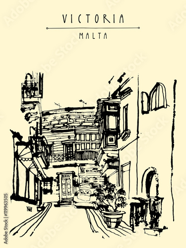 Little alley in Victoria, Gozo island, Malta, Europe. Vintage hand-drawn touristic postcard or poster template, book illustration