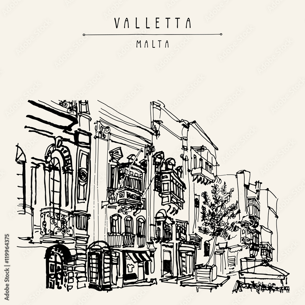 Valletta, Malta, Europe. Pedestrian street in old town. Nice historical buildings. Travel sketch drawing. Poster, postcard template, book illustration