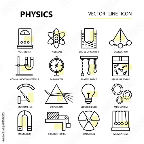 Modern thin linear vector icons of physics and laboratory experiments.