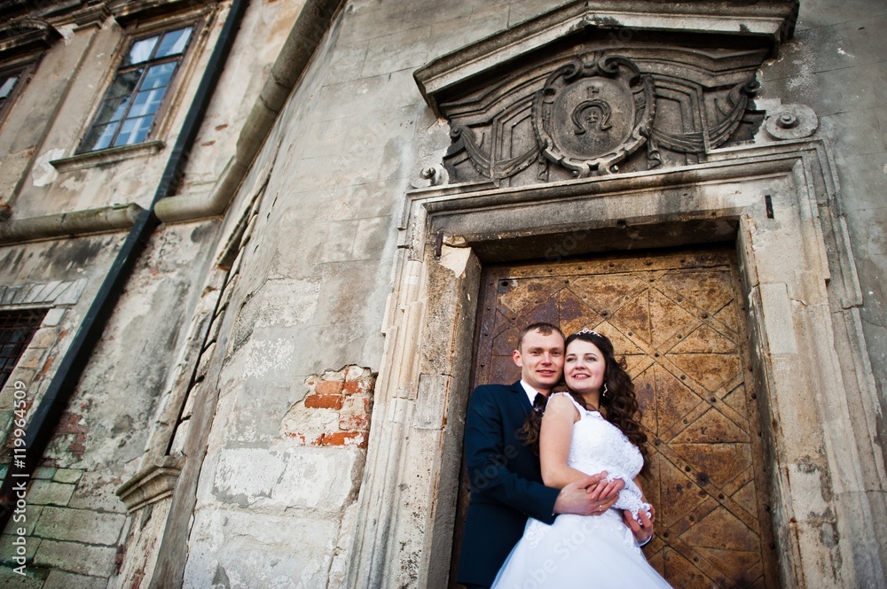 Charming and fashionable wedding couple in love background old vintage castle