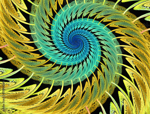 Abstract multicolored psychedelic spirals on black background. Computer-generated fractal in emerald green  yellow and blue colors.