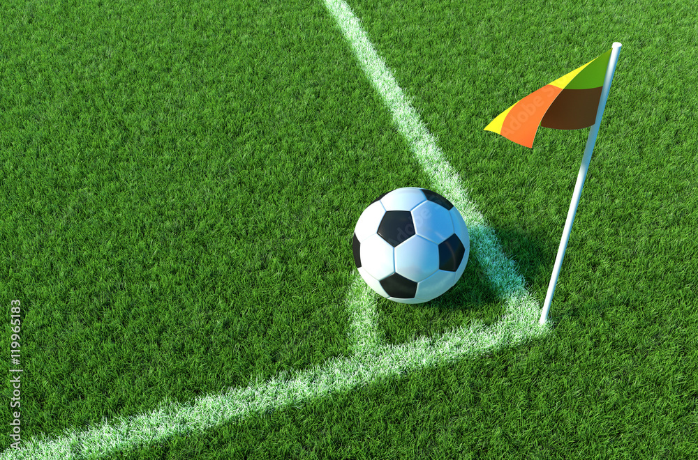 Soccer ball on green grass, Corner of soccer field .3D illustration Soccer ball on green grass, Corner of soccer field .3D illustration