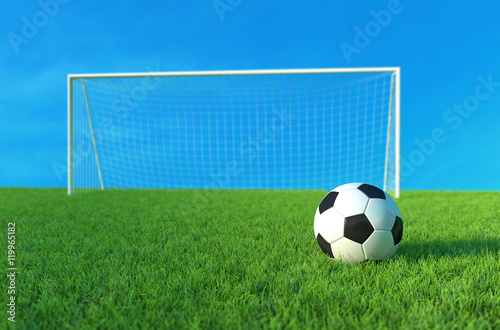 Soccer ball on green grass, Football Goal and ball. 3D illustration © Es sarawuth