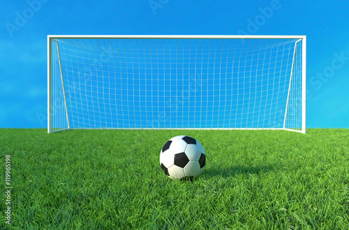 Soccer ball on green grass, Football Goal and ball. 3D illustration © Es sarawuth