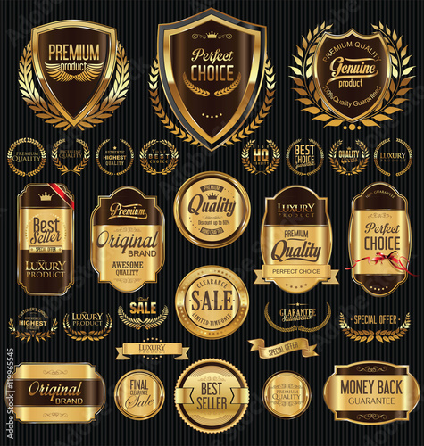 Golden shields laurel wreaths and badges collection